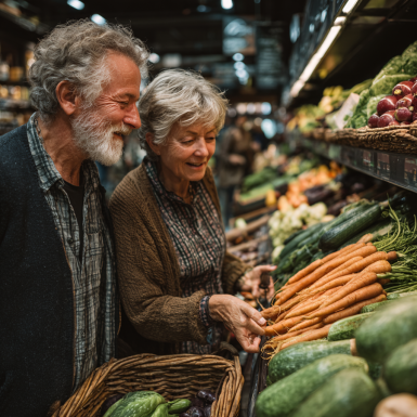 Активна літня жінка з корзиною свіжих овочів